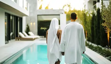 A couple preparing to go swimming in a pool.